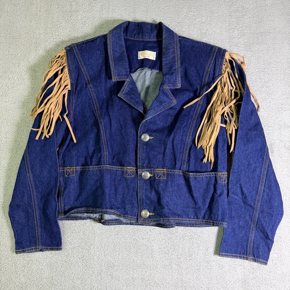 Fashioned By Sara Long Vintage 80s Denim Fringe Jacket Women’s M Western Cowgirl